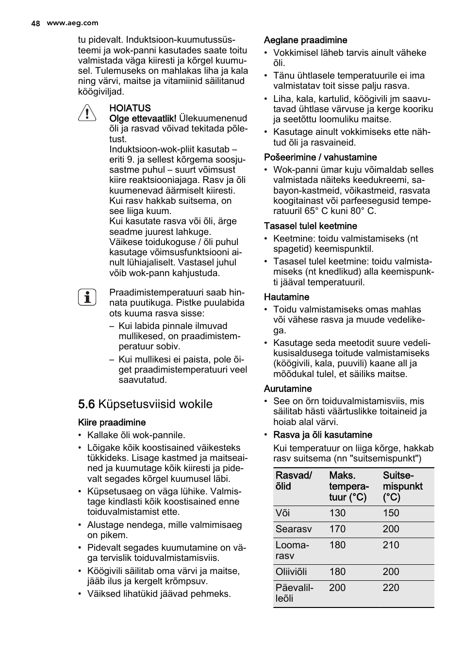 6 küpsetusviisid wokile | AEG HC452020EB User Manual | Page 48 / 72