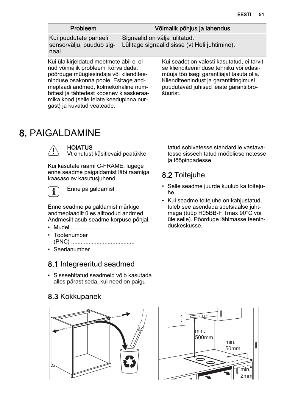 Paigaldamine, 1 integreeritud seadmed, 2 toitejuhe | 3 kokkupanek | AEG HC452020EB User Manual | Page 51 / 72