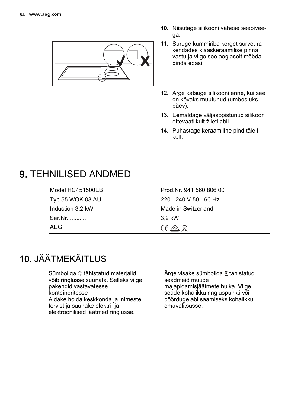 Tehnilised andmed, Jäätmekäitlus | AEG HC452020EB User Manual | Page 54 / 72