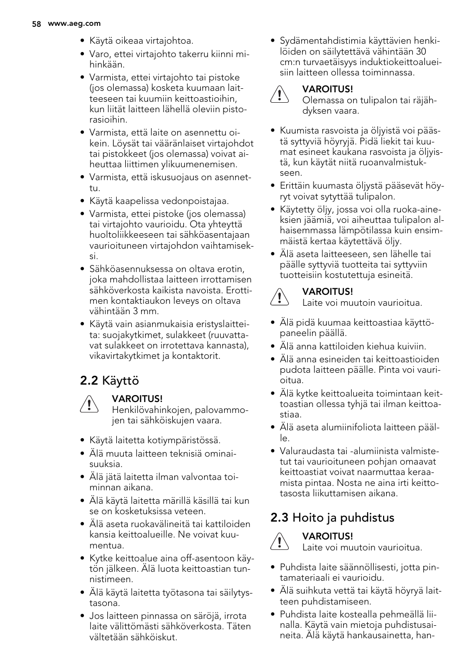 2 käyttö, 3 hoito ja puhdistus | AEG HC452020EB User Manual | Page 58 / 72