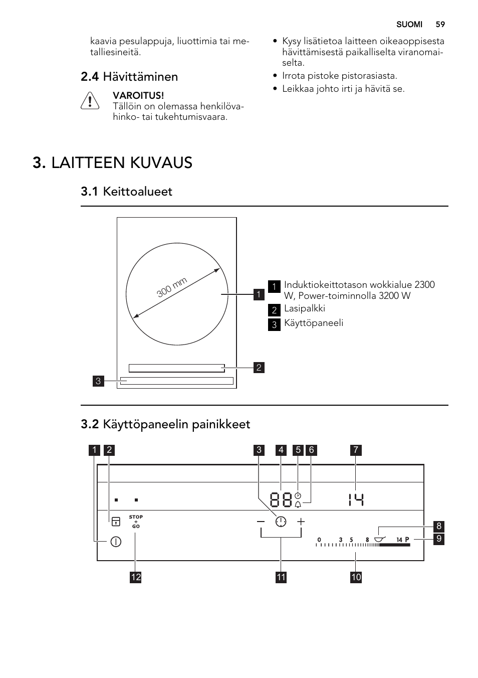 Laitteen kuvaus, 4 hävittäminen, 1 keittoalueet | 2 käyttöpaneelin painikkeet | AEG HC452020EB User Manual | Page 59 / 72