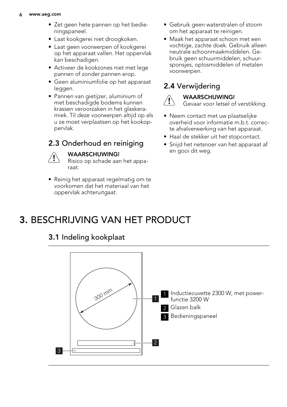 Beschrijving van het product, 3 onderhoud en reiniging, 4 verwijdering | 1 indeling kookplaat | AEG HC452020EB User Manual | Page 6 / 72