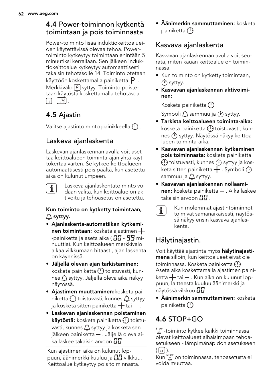 5 ajastin, Laskeva ajanlaskenta, Kasvava ajanlaskenta | Hälytinajastin, 6 stop+go | AEG HC452020EB User Manual | Page 62 / 72