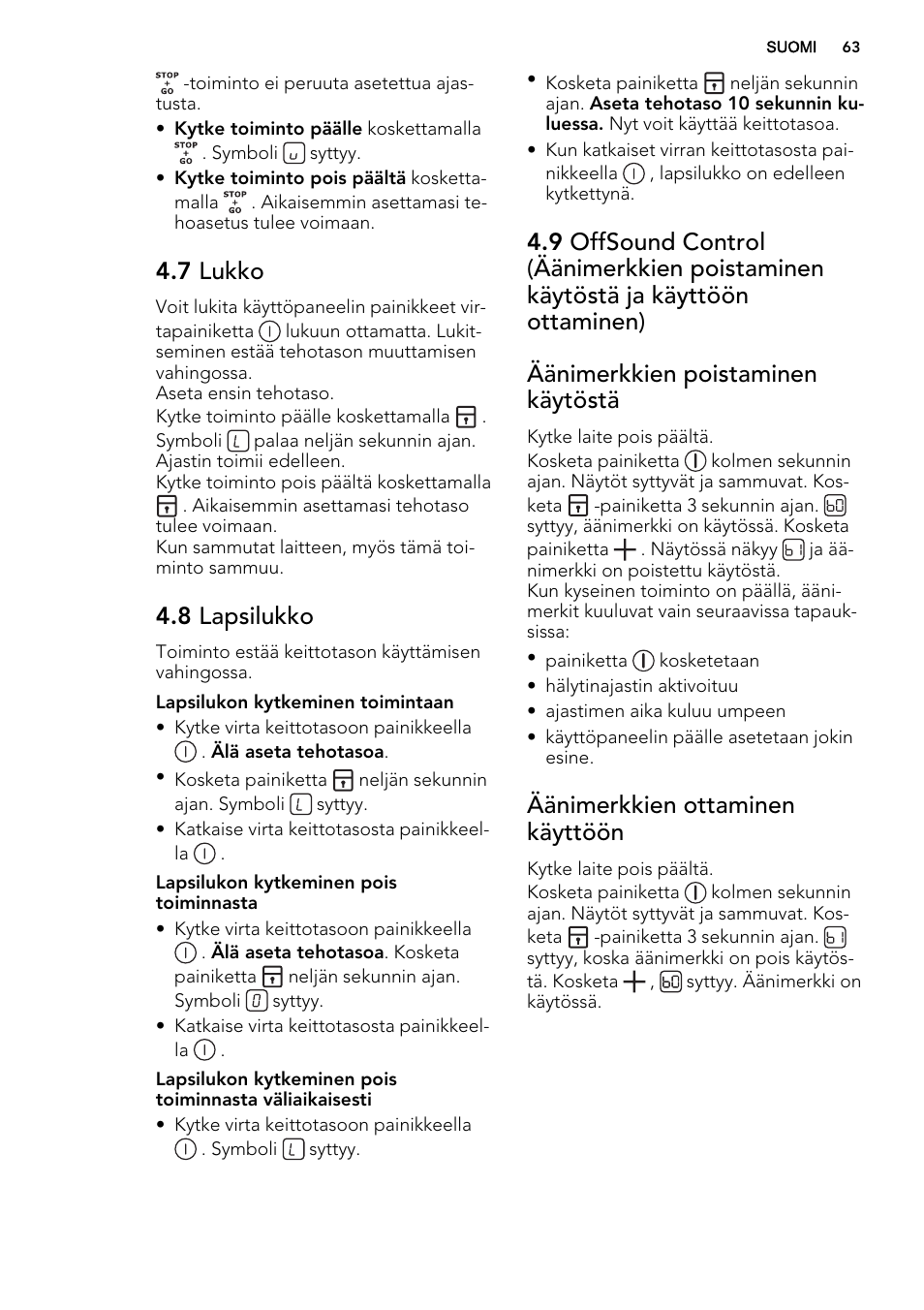 7 lukko, 8 lapsilukko, Äänimerkkien ottaminen käyttöön | AEG HC452020EB User Manual | Page 63 / 72