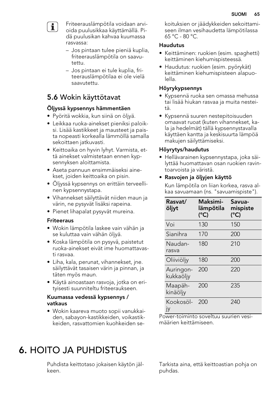 Hoito ja puhdistus, 6 wokin käyttötavat | AEG HC452020EB User Manual | Page 65 / 72