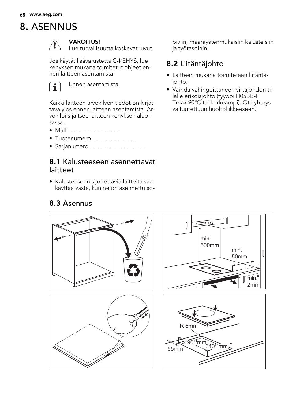 Asennus, 1 kalusteeseen asennettavat laitteet, 2 liitäntäjohto | 3 asennus | AEG HC452020EB User Manual | Page 68 / 72