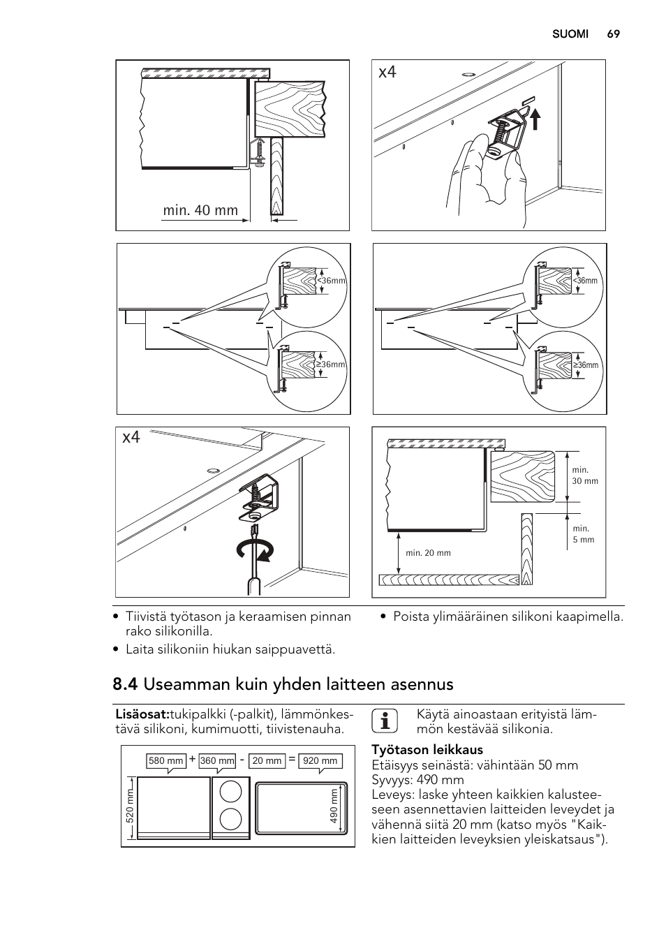 4 useamman kuin yhden laitteen asennus, Min. 40 mm | AEG HC452020EB User Manual | Page 69 / 72