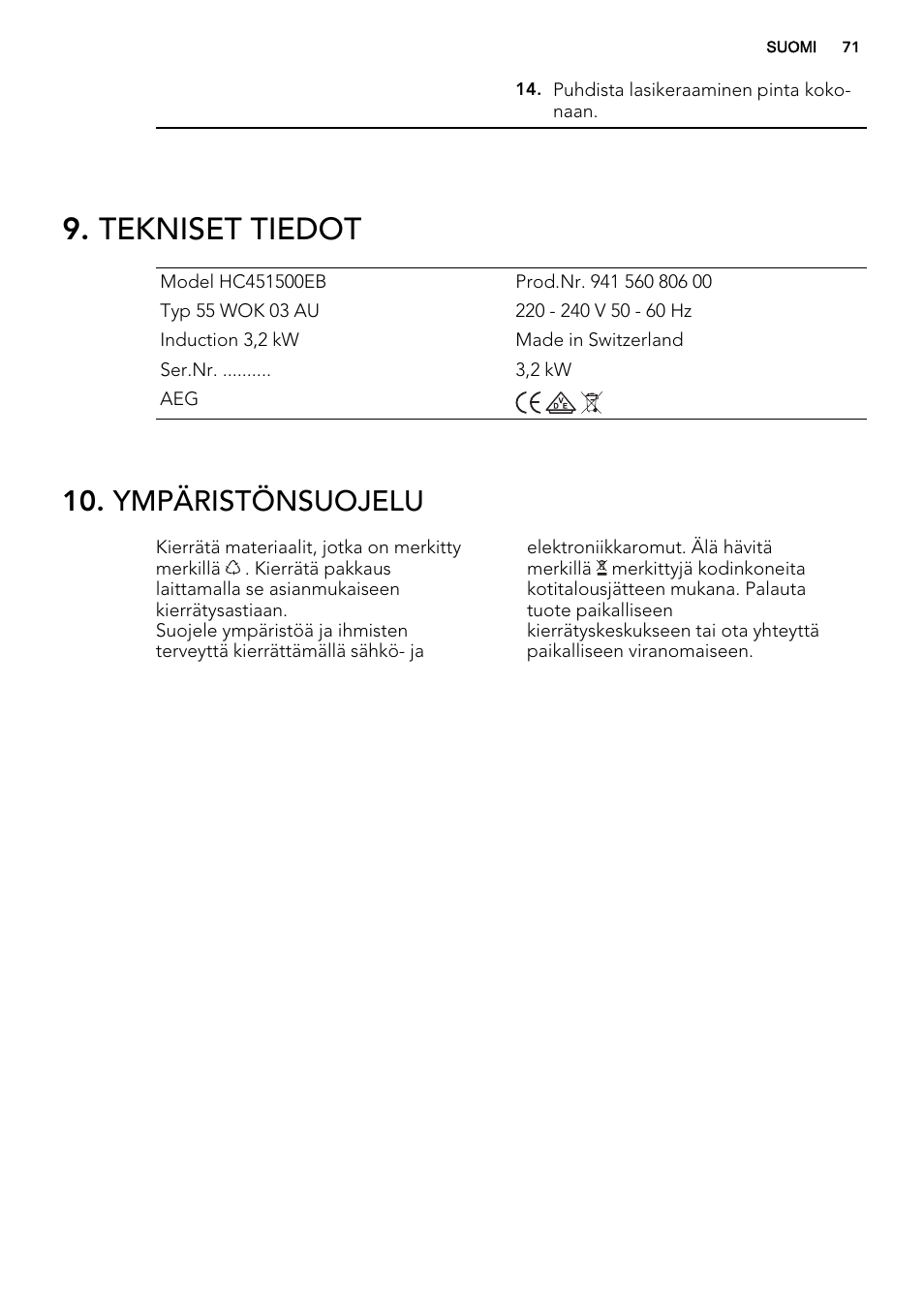 Tekniset tiedot, Ympäristönsuojelu | AEG HC452020EB User Manual | Page 71 / 72