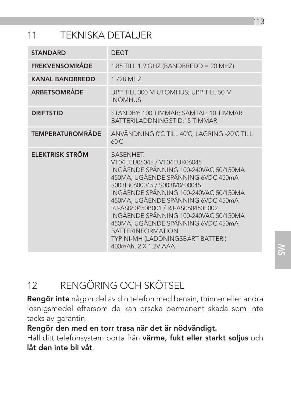 11 tekniska detaljer, 12 rengöring och skötsel | AEG Loop User Manual | Page 113 / 199