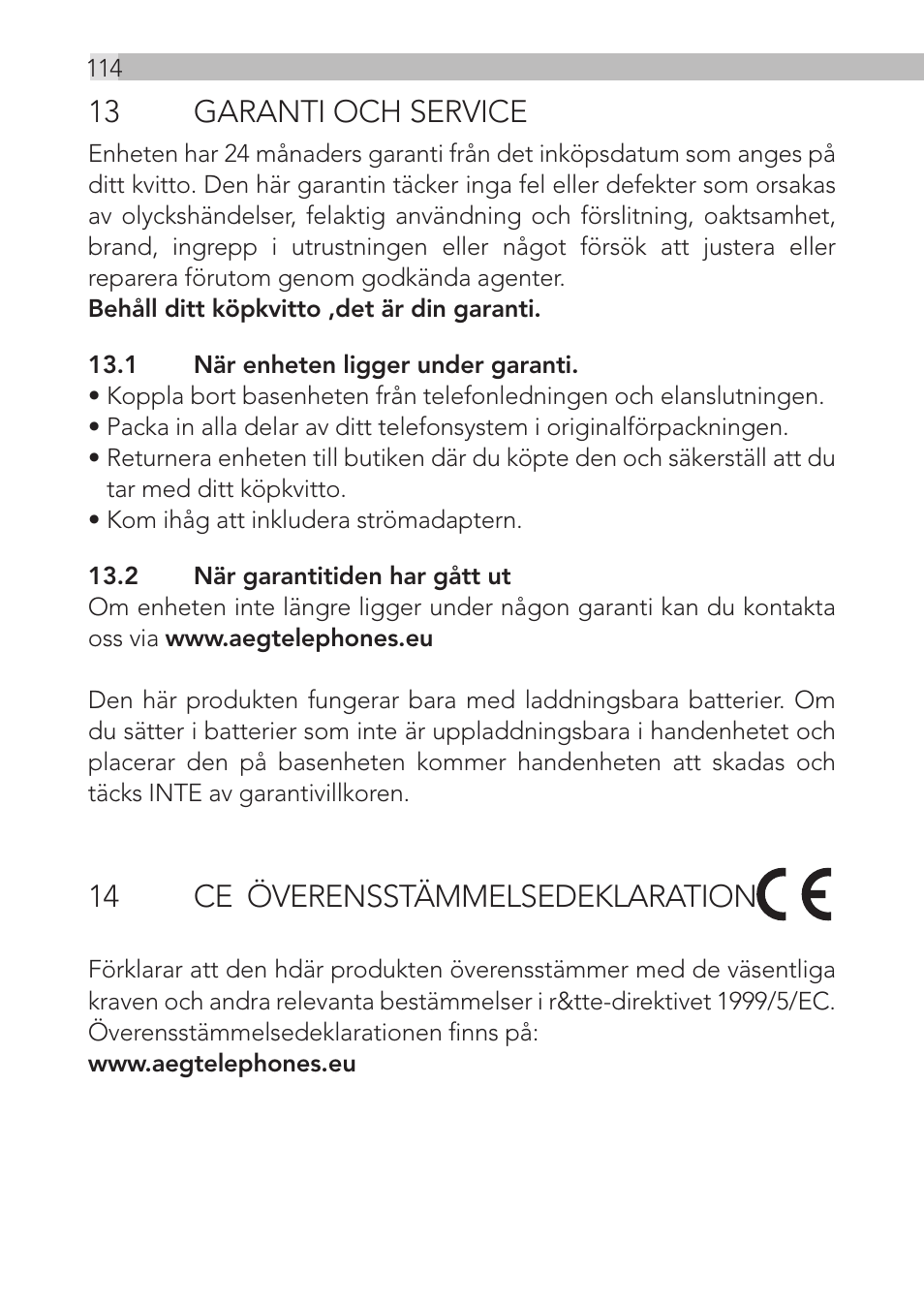 13 garanti och service, 14 ce överensstämmelsedeklaration | AEG Loop User Manual | Page 114 / 199