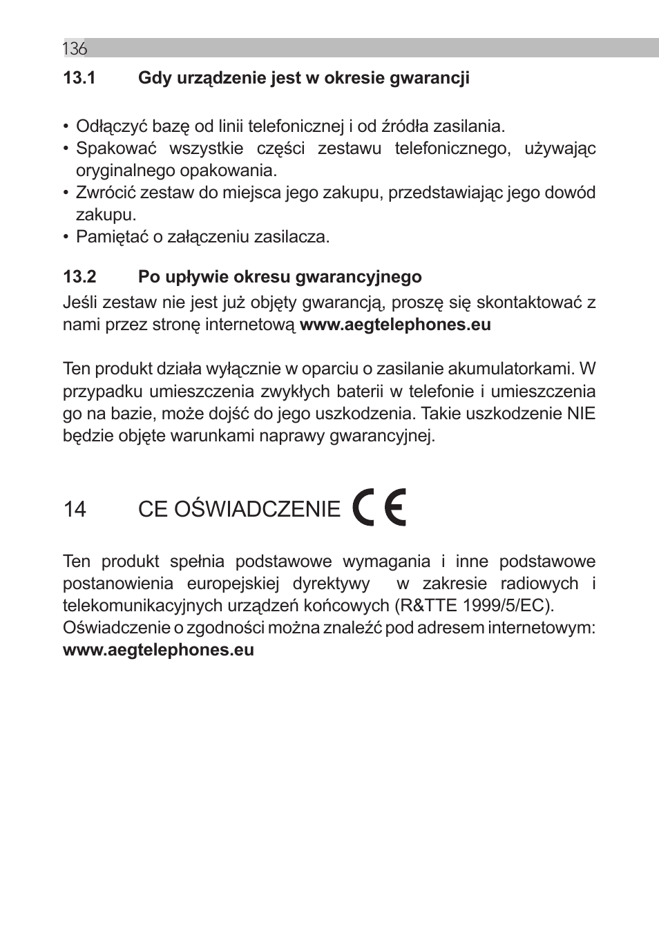 14 ce oświadczenie | AEG Loop User Manual | Page 136 / 199