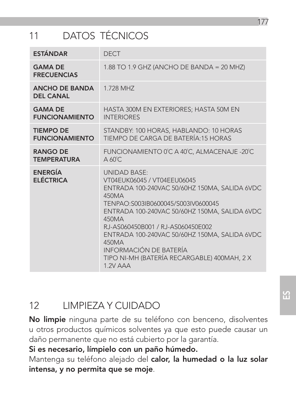 11 datos técnicos, 12 limpieza y cuidado | AEG Loop User Manual | Page 177 / 199