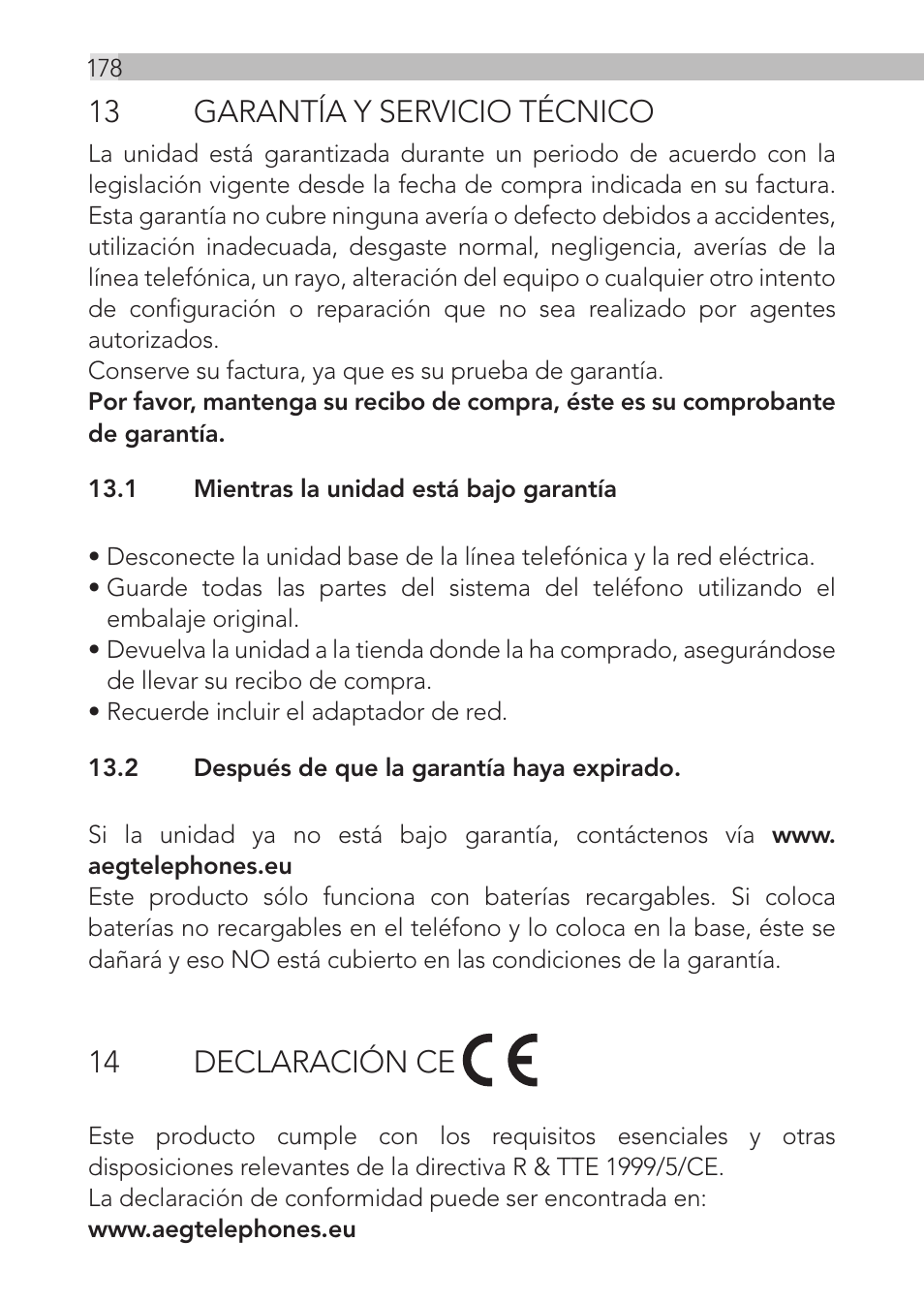 13 garantía y servicio técnico, 14 declaración ce | AEG Loop User Manual | Page 178 / 199