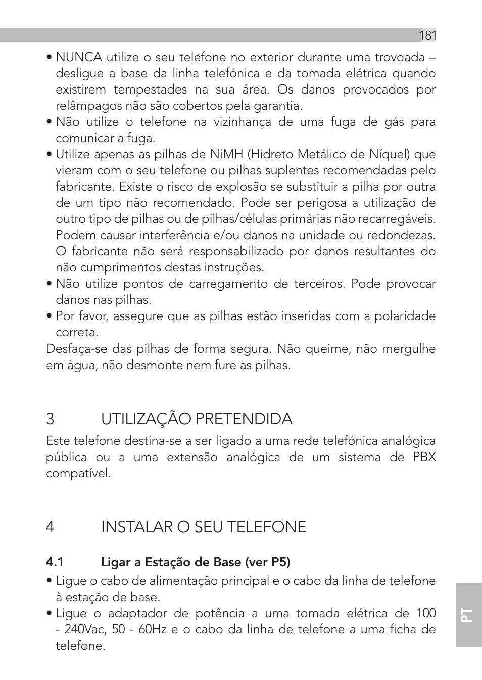 3utilização pretendida, 4instalar o seu telefone | AEG Loop User Manual | Page 181 / 199