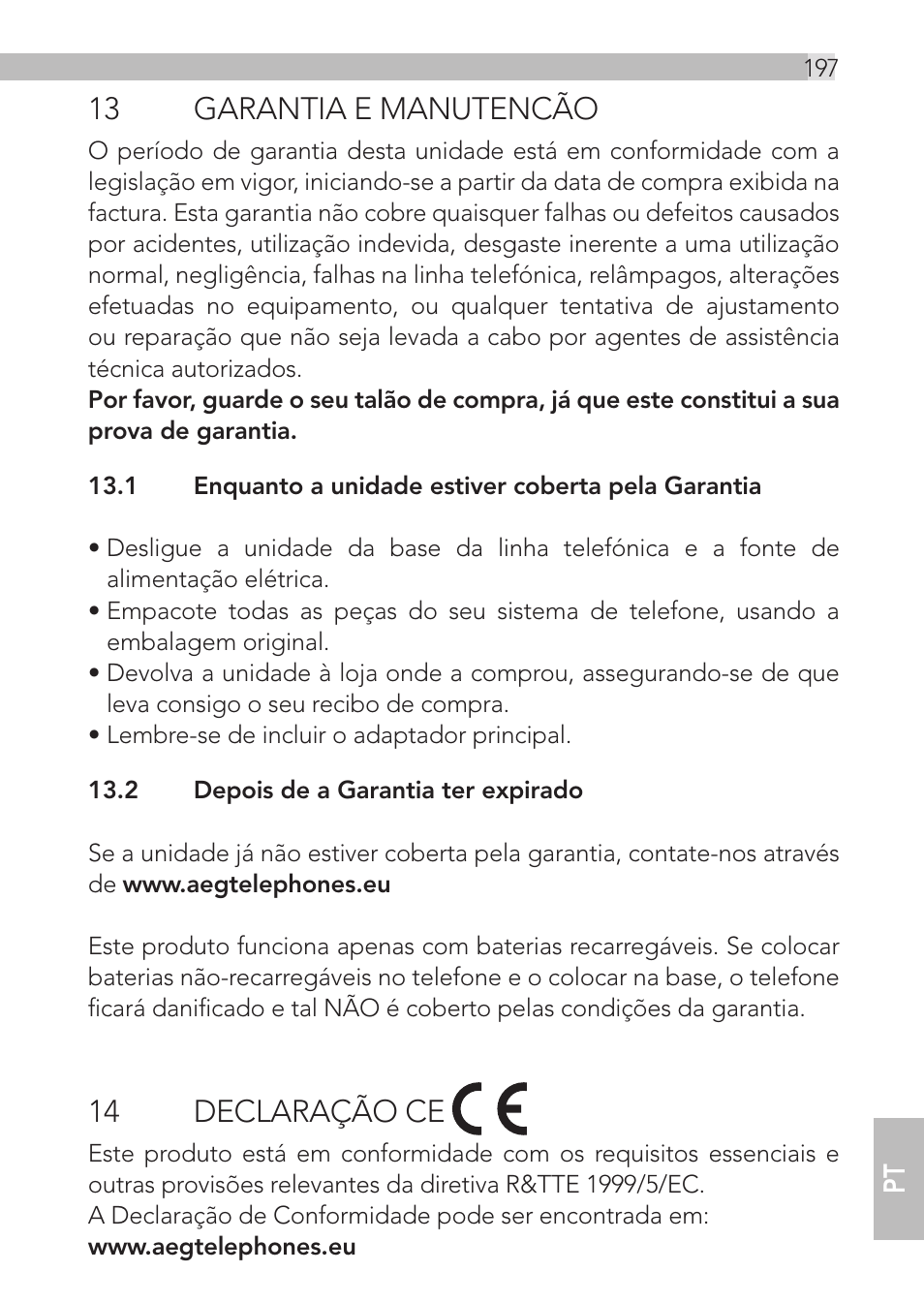 13 garantia e manutencão, 14 declaração ce | AEG Loop User Manual | Page 197 / 199