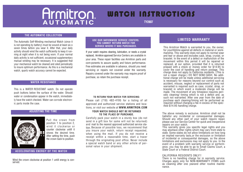 Armitron Automatic TY2807 User Manual | 1 page