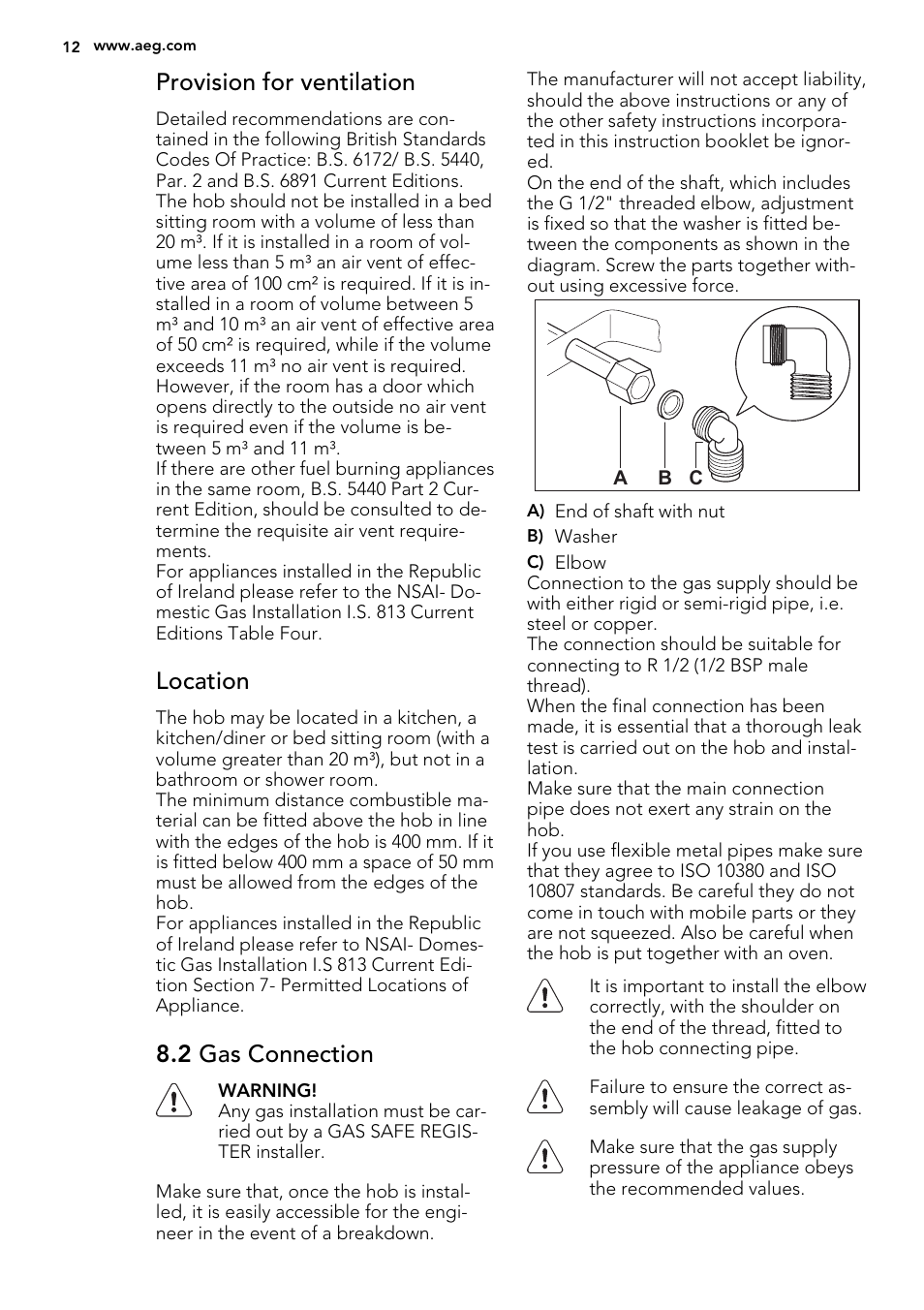 Provision for ventilation, Location, 2 gas connection | AEG HG956440SM User Manual | Page 12 / 20