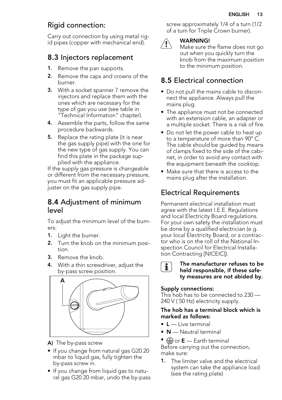 Rigid connection, 3 injectors replacement, 4 adjustment of minimum level | 5 electrical connection, Electrical requirements | AEG HG956440SM User Manual | Page 13 / 20