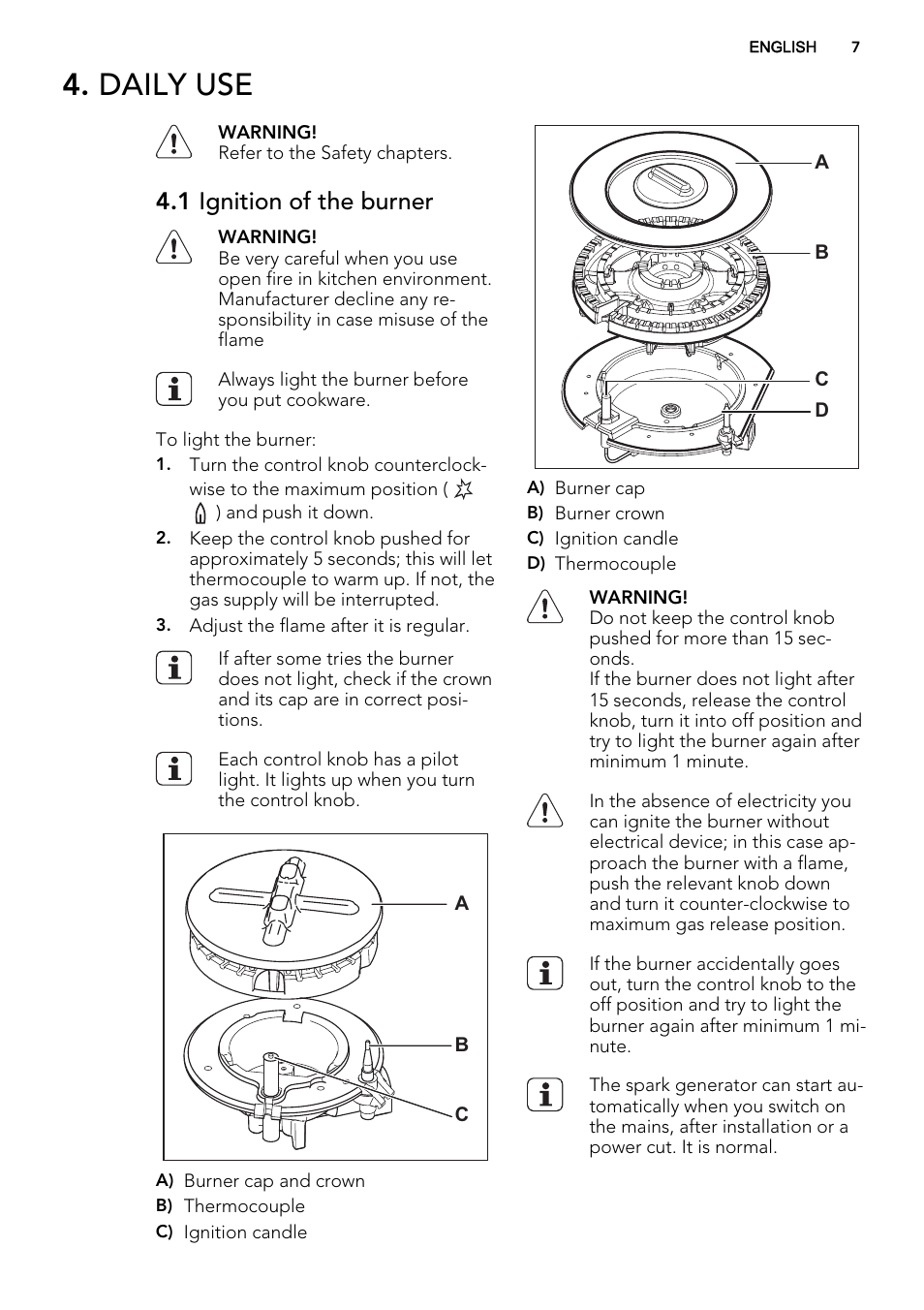 Daily use, 1 ignition of the burner | AEG HG956440SM User Manual | Page 7 / 20