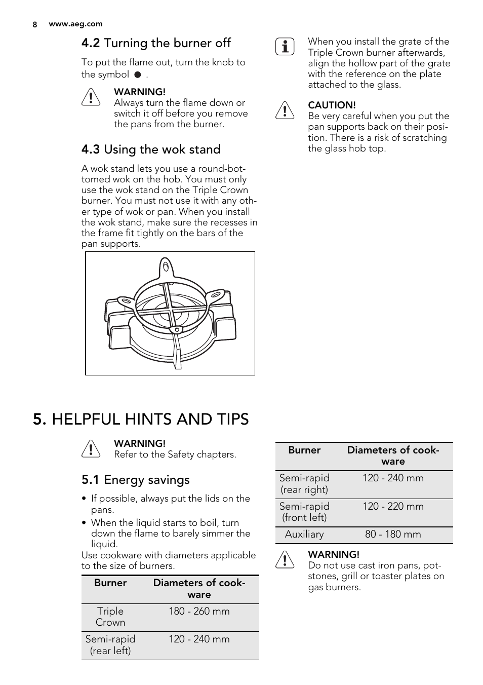 Helpful hints and tips, 2 turning the burner off, 3 using the wok stand | 1 energy savings | AEG HG956440SM User Manual | Page 8 / 20