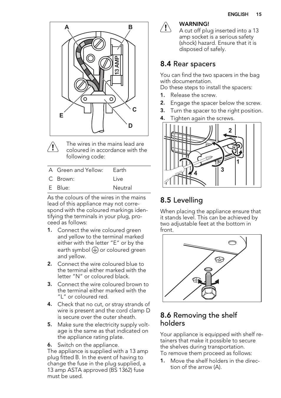 4 rear spacers, 5 levelling, 6 removing the shelf holders | AEG S95800XTM0 User Manual | Page 15 / 20
