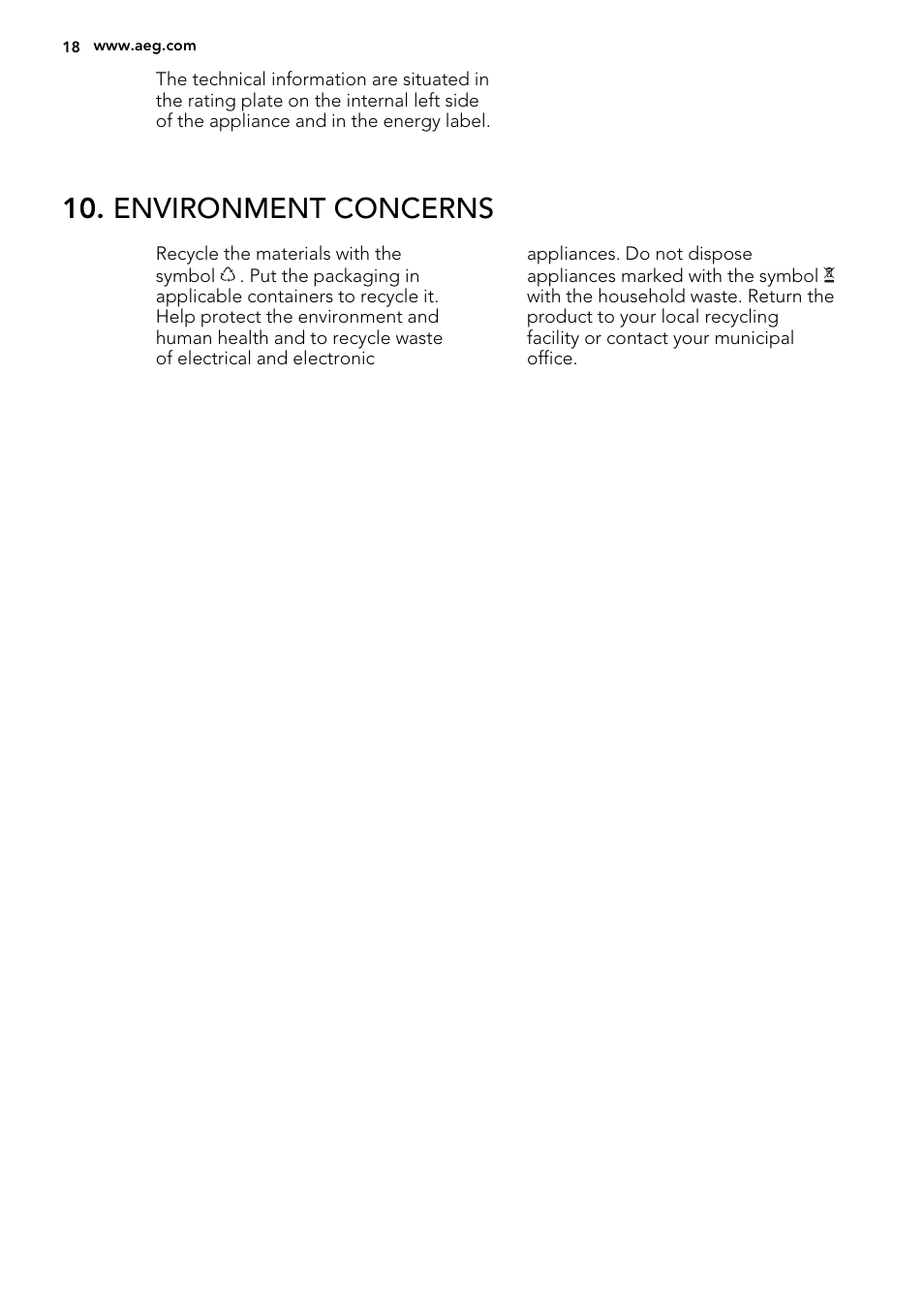 Environment concerns | AEG S95800XTM0 User Manual | Page 18 / 20