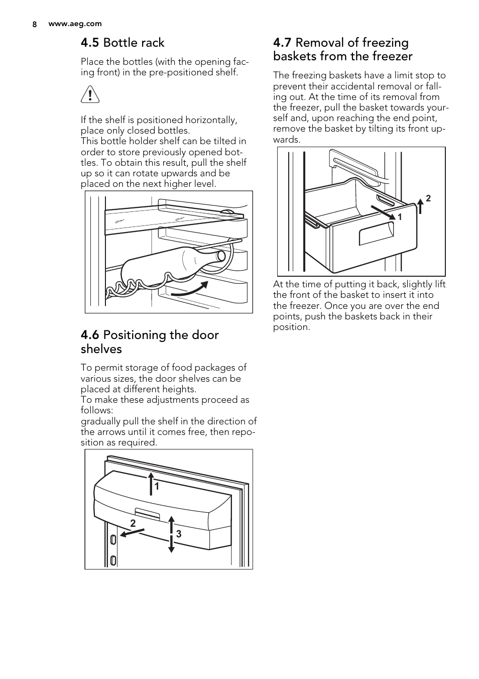 5 bottle rack, 6 positioning the door shelves, 7 removal of freezing baskets from the freezer | AEG S95800XTM0 User Manual | Page 8 / 20