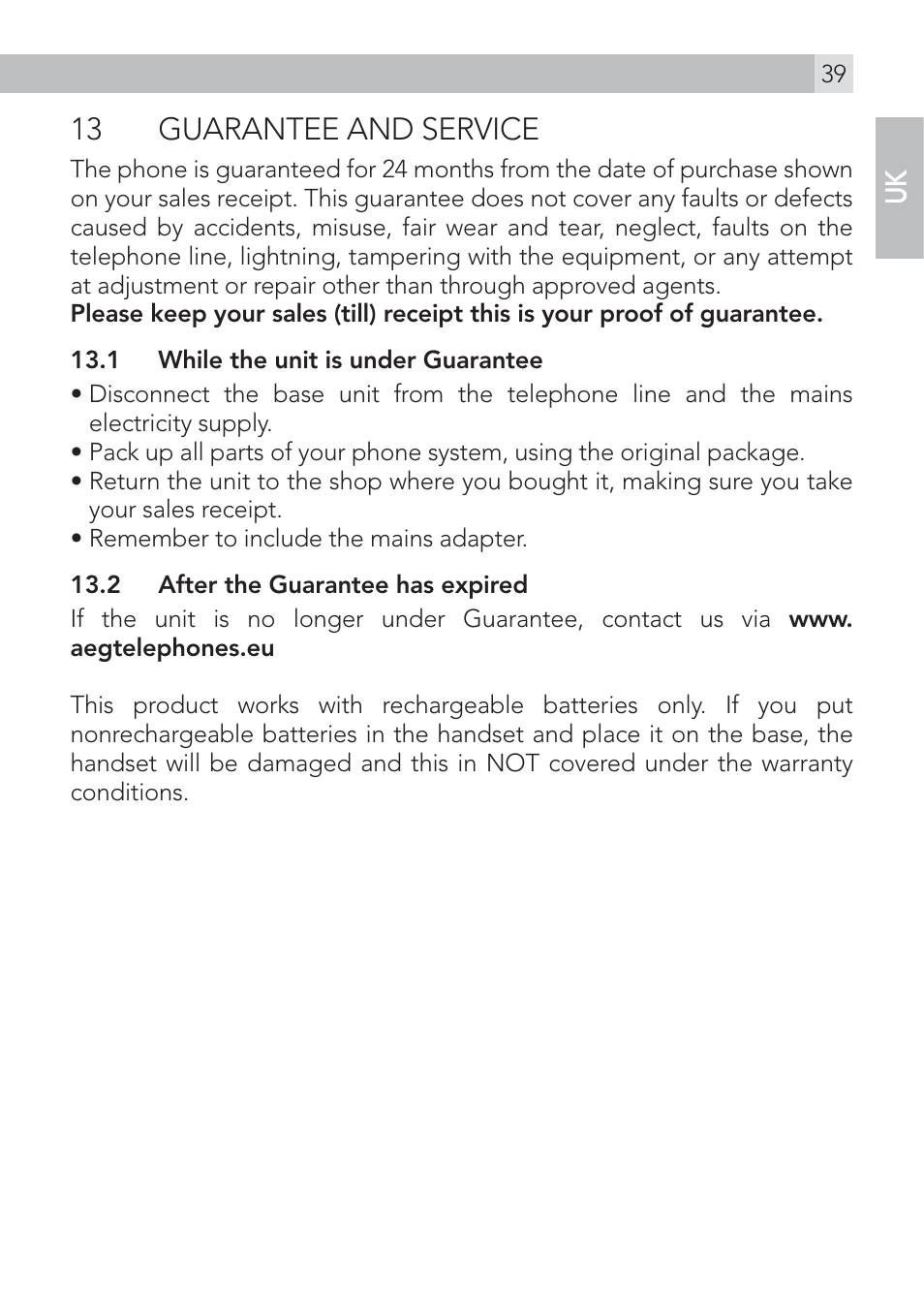 13 guarantee and service | AEG Voxtel D200 User Manual | Page 39 / 44