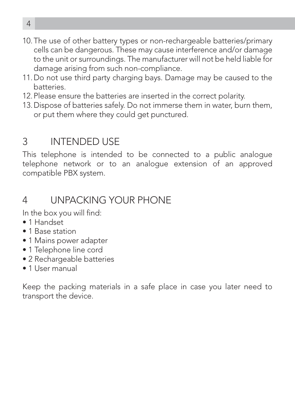 3 intended use, 4unpacking your phone | AEG Voxtel D200 User Manual | Page 4 / 44