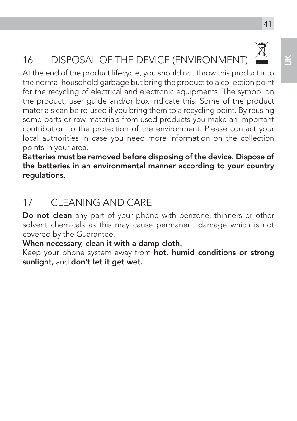 16 disposal of the device (environment), 17 cleaning and care | AEG Voxtel D200 User Manual | Page 41 / 44
