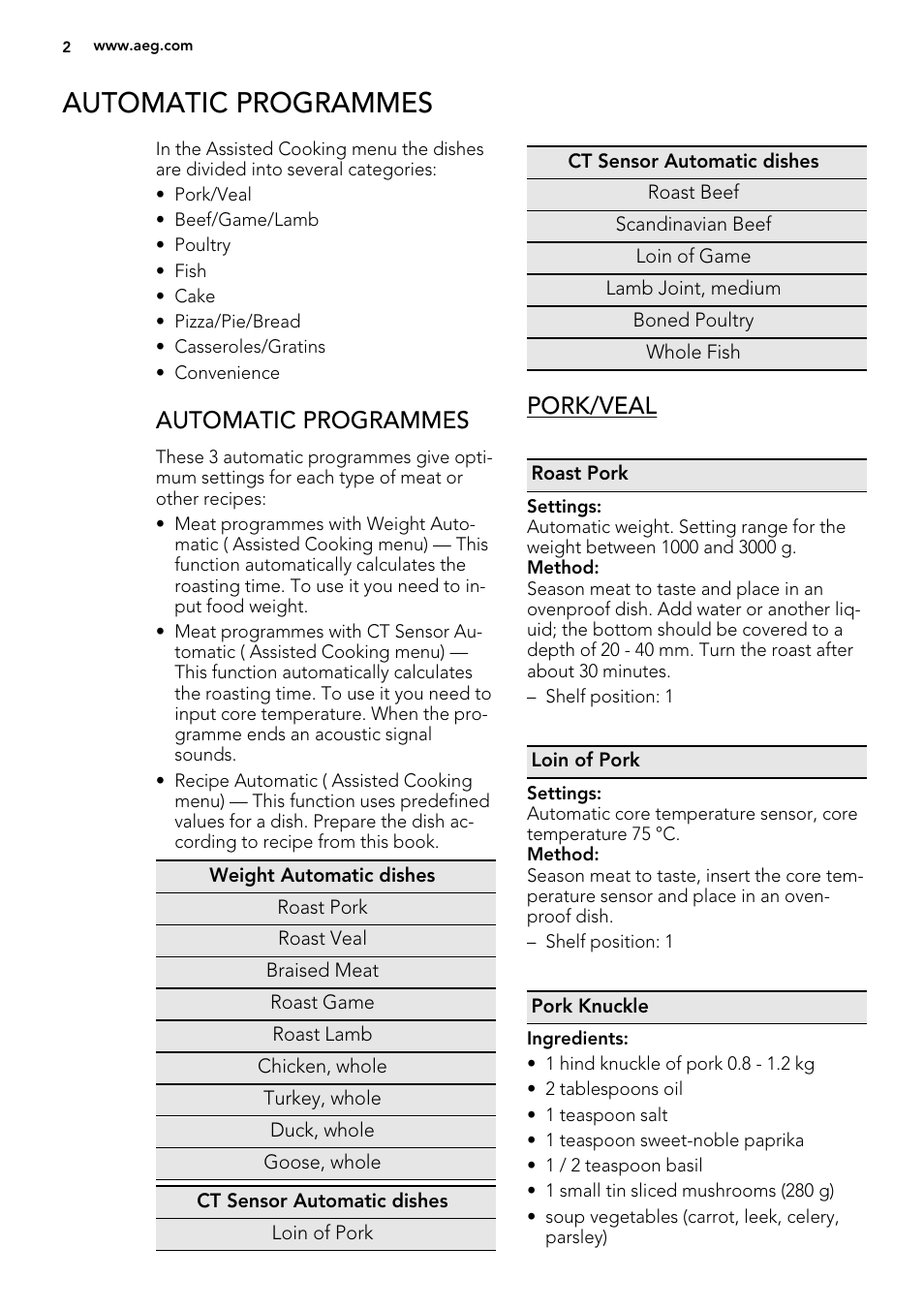 Automatic programmes, Pork/veal | AEG BE3003021W User Manual | Page 2 / 28