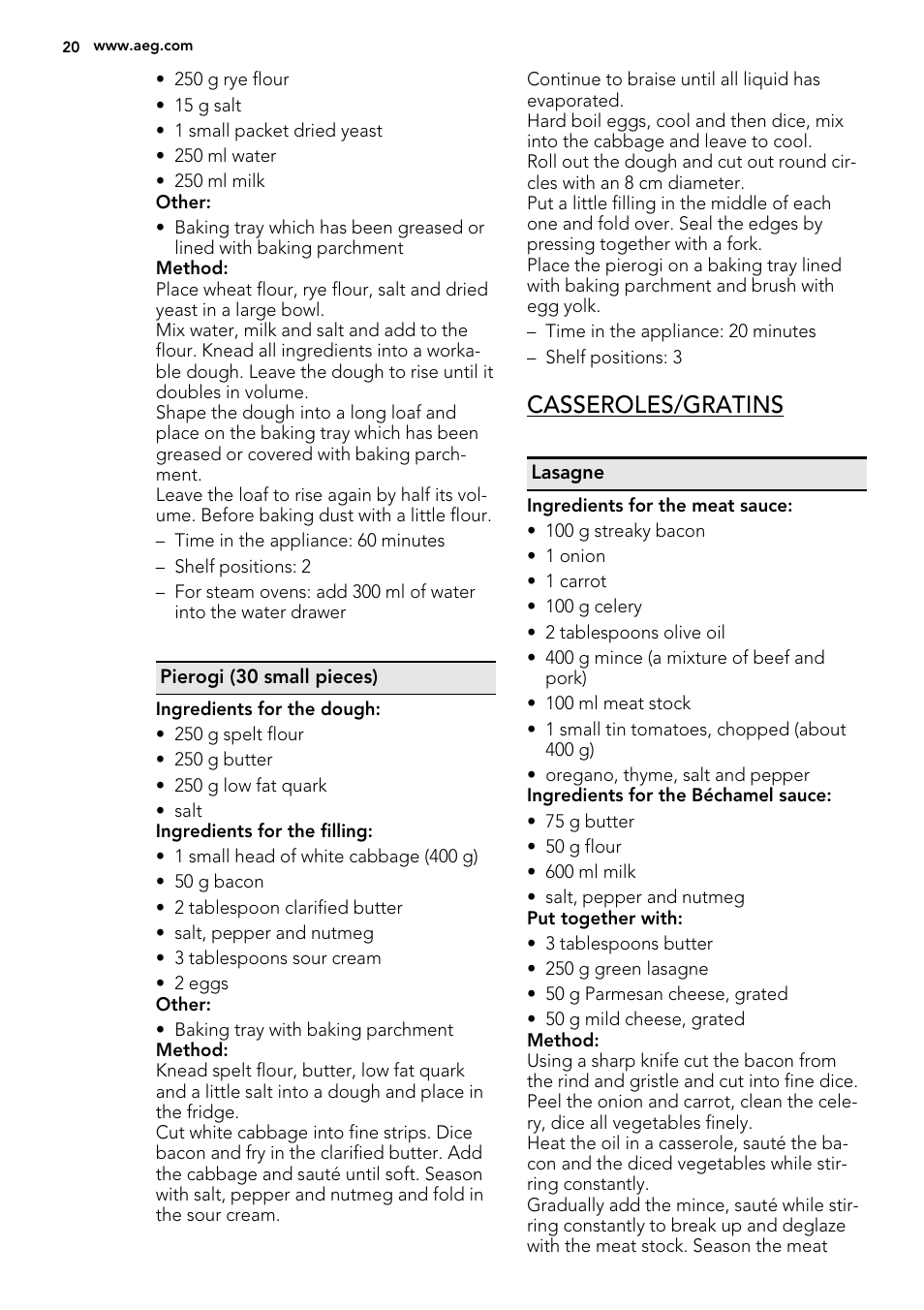 Casseroles/gratins | AEG BE3003021W User Manual | Page 20 / 28