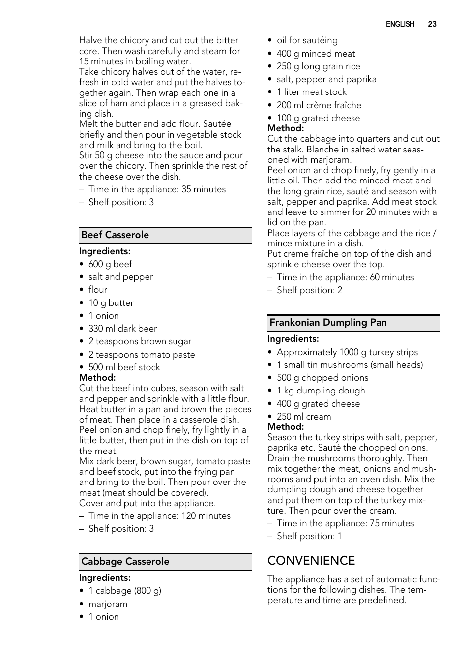 Convenience | AEG BE3003021W User Manual | Page 23 / 28