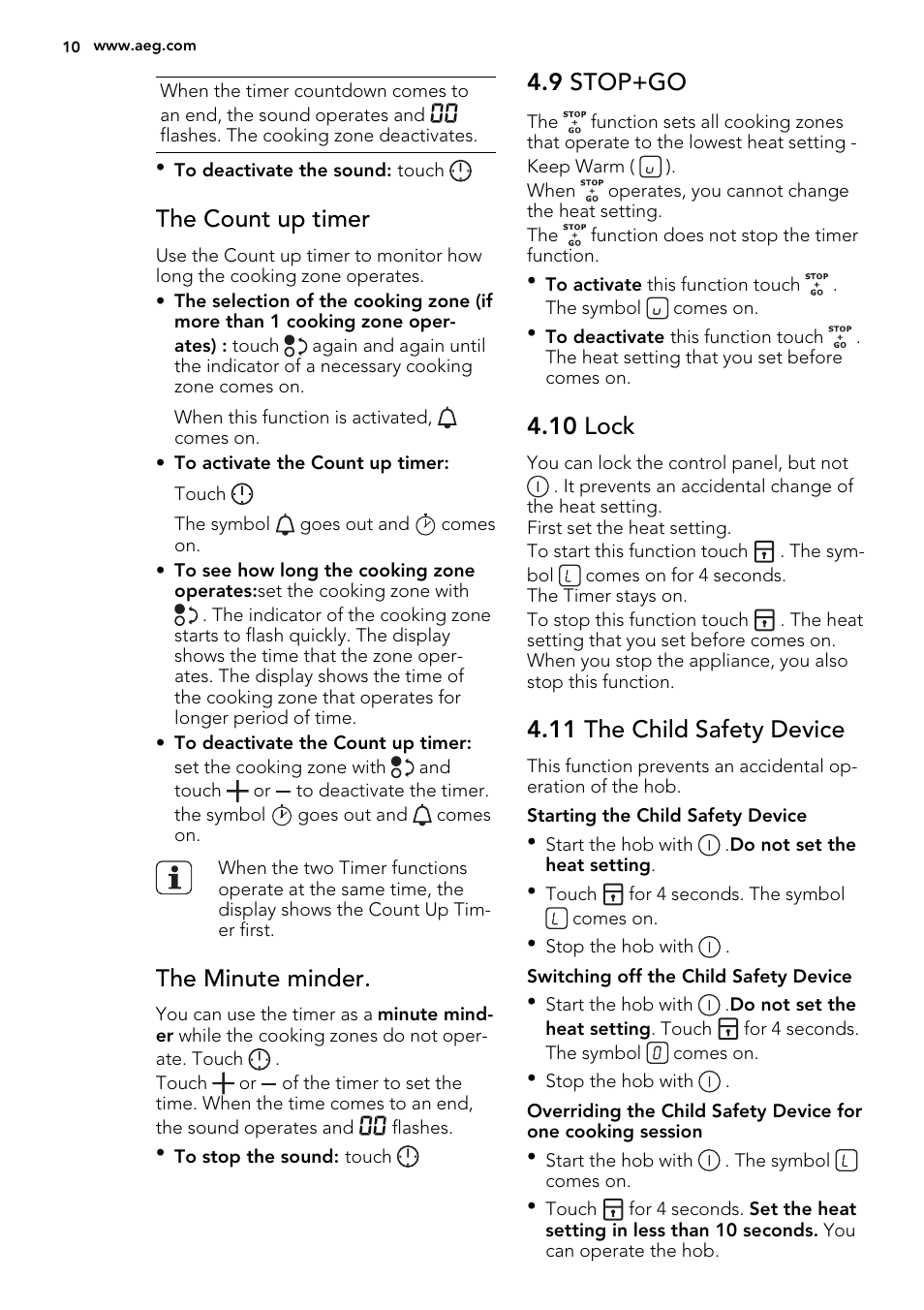 The count up timer, The minute minder, 9 stop+go | 10 lock, 11 the child safety device | AEG HC451500EB User Manual | Page 10 / 24