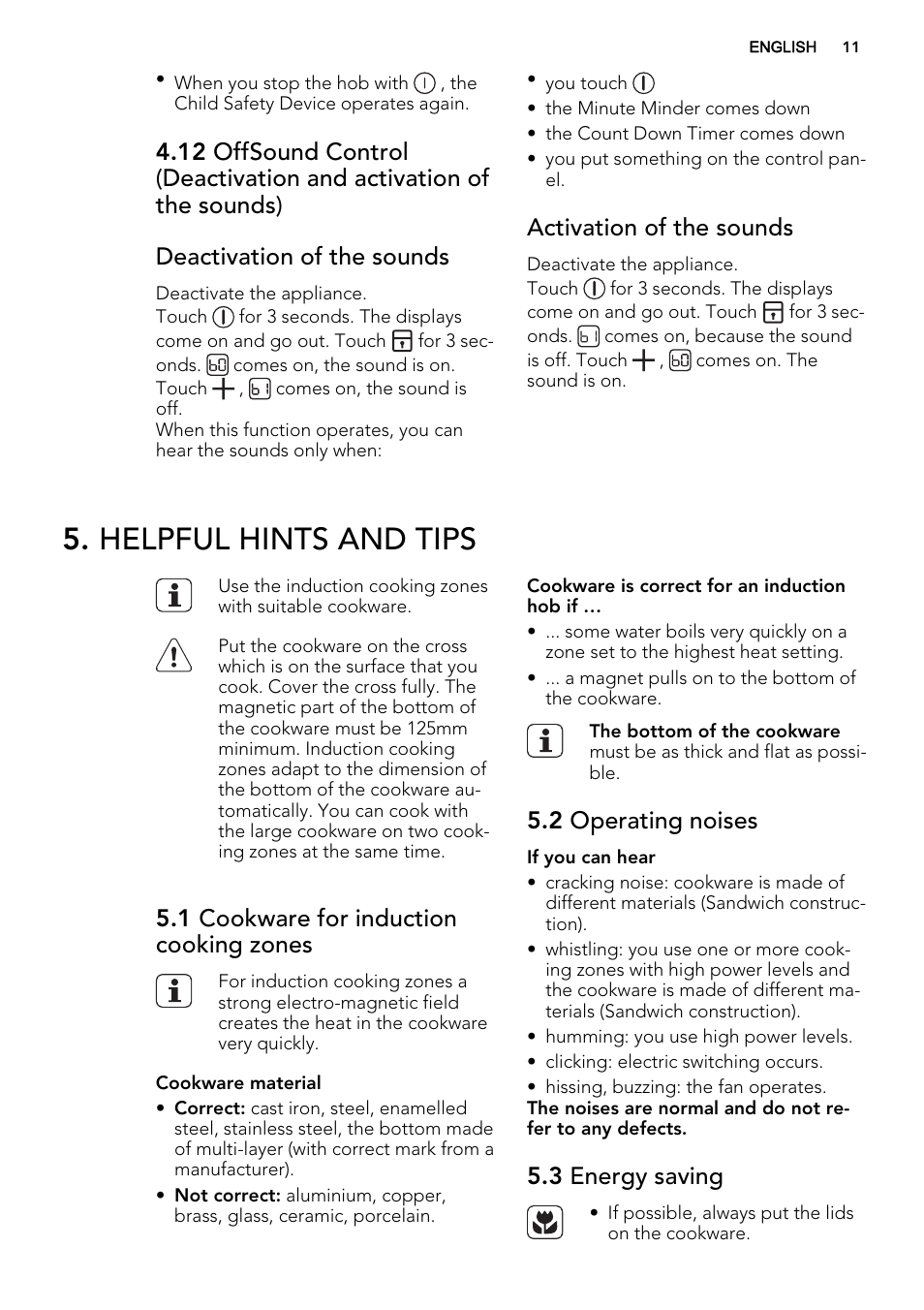 Helpful hints and tips, Activation of the sounds, 1 cookware for induction cooking zones | 2 operating noises, 3 energy saving | AEG HC451500EB User Manual | Page 11 / 24