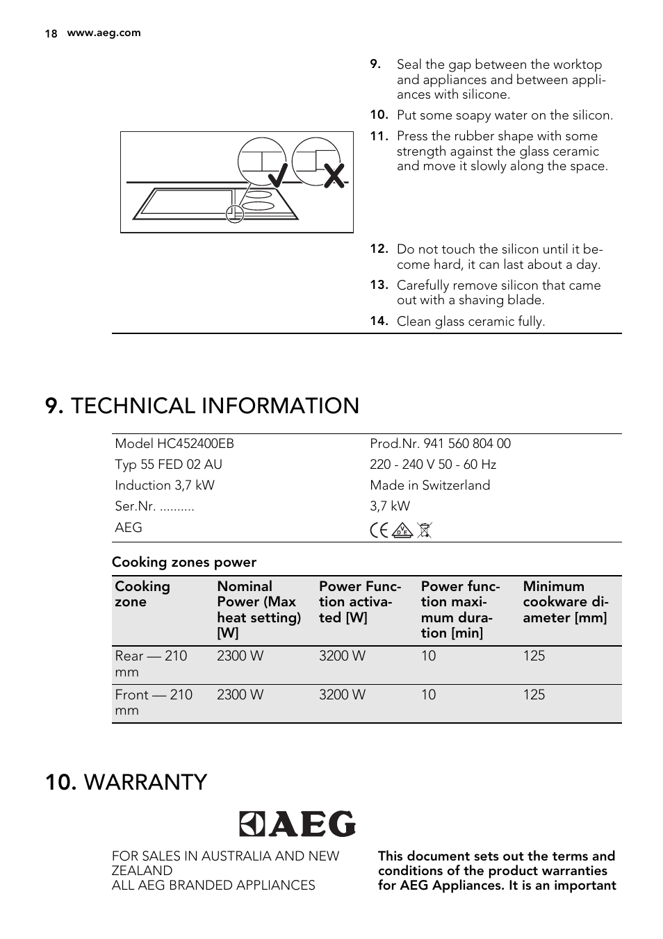 Technical information, Warranty | AEG HC451500EB User Manual | Page 18 / 24