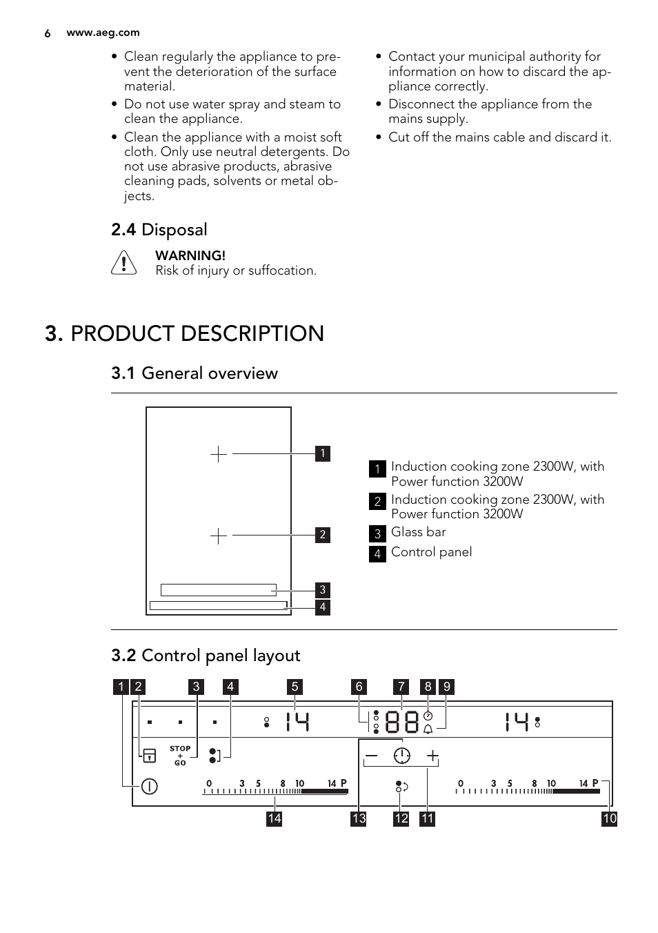 Product description, 4 disposal, 1 general overview | 2 control panel layout | AEG HC451500EB User Manual | Page 6 / 24