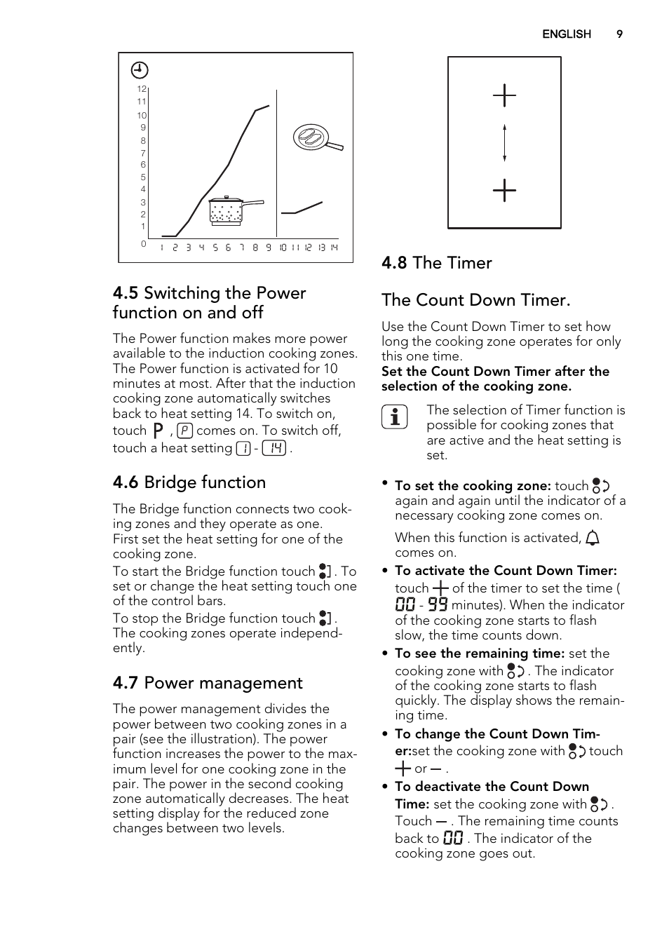 5 switching the power function on and off, 6 bridge function, 7 power management | 8 the timer the count down timer | AEG HC451500EB User Manual | Page 9 / 24