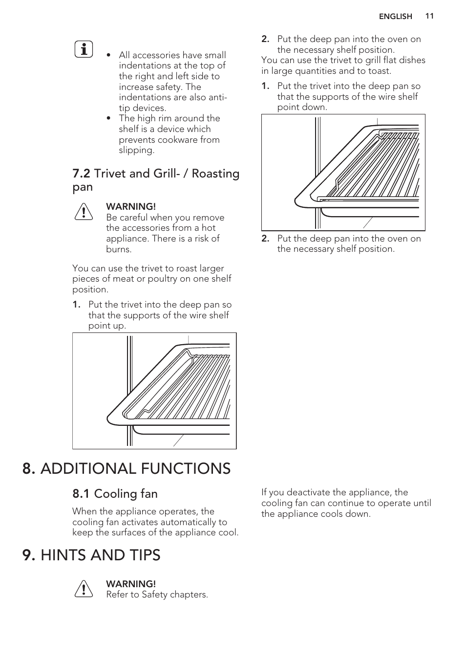 2 trivet and grill- / roasting pan, Additional functions, 1 cooling fan | Hints and tips, Additional functions 9. hints and tips | AEG BE5003021M User Manual | Page 11 / 28