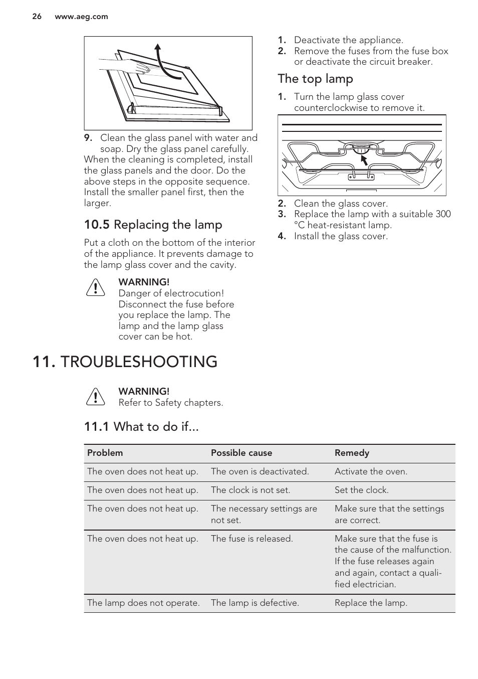 5 replacing the lamp, The top lamp, Troubleshooting | 1 what to do if | AEG BE5003021M User Manual | Page 26 / 28