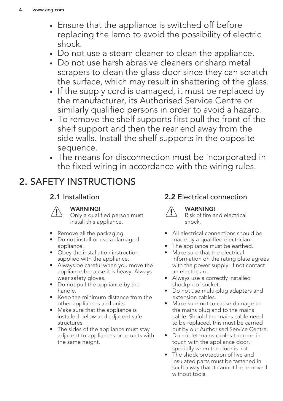 Safety instructions, 1 installation, 2 electrical connection | Do not use a steam cleaner to clean the appliance | AEG BE5003021M User Manual | Page 4 / 28