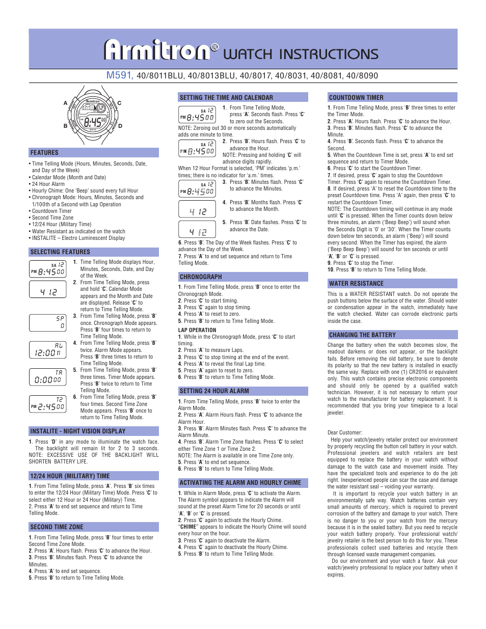 Armitrongentsdigital2.pdf, Armitron, Tron | Watch instructions, M591, 4 i 2, I 2 : 0 0 | Armitron 40/8095SIL User Manual | Page 2 / 2