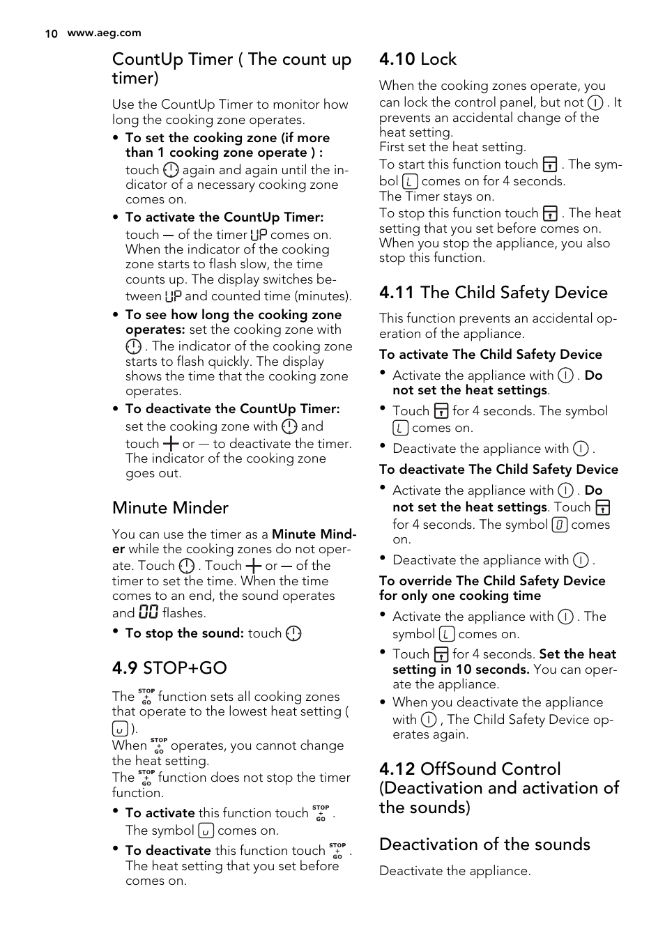 Countup timer ( the count up timer), Minute minder, 9 stop+go | 10 lock, 11 the child safety device | AEG HK654400FB User Manual | Page 10 / 24