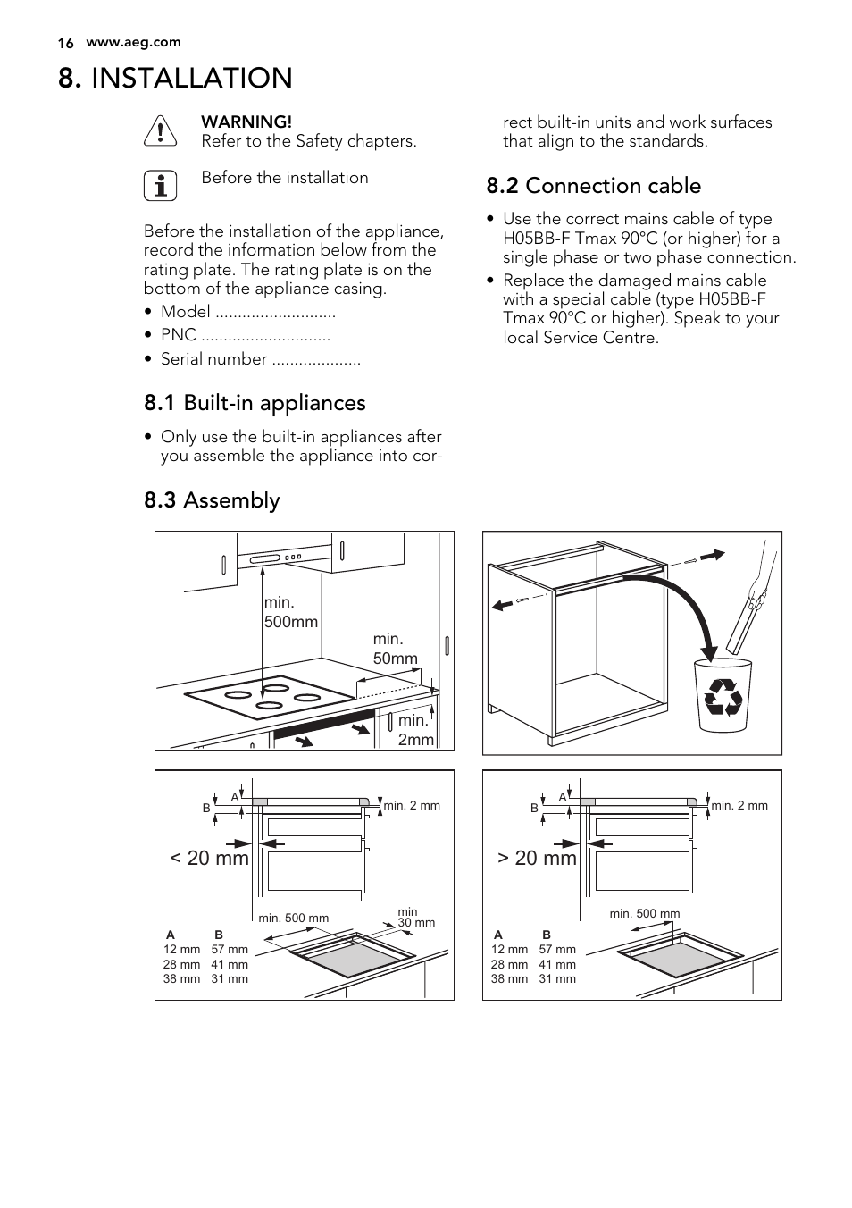 Installation, 1 built-in appliances, 2 connection cable | 3 assembly, 20 mm | AEG HK654400FB User Manual | Page 16 / 24