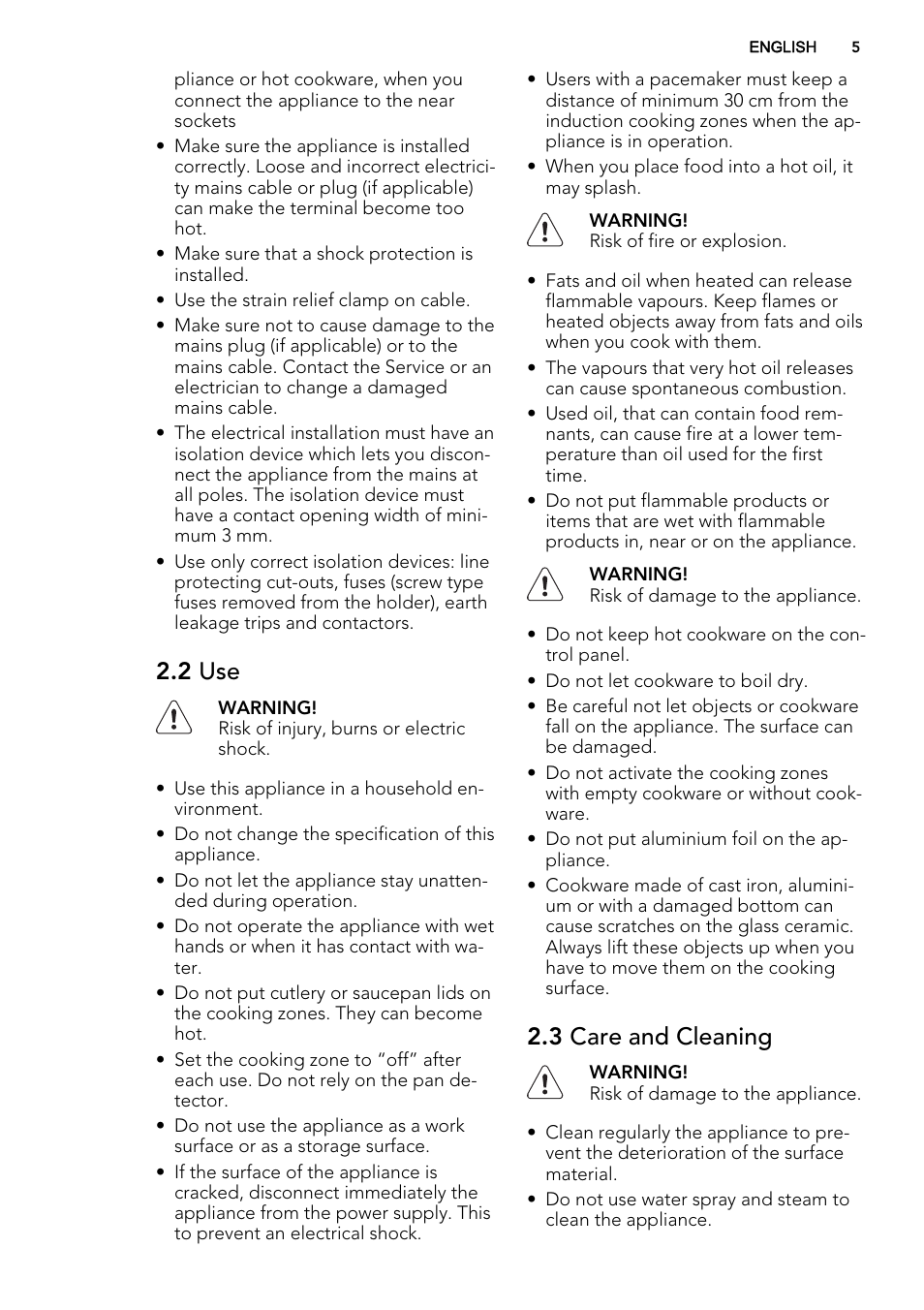 2 use, 3 care and cleaning | AEG HK654400FB User Manual | Page 5 / 24