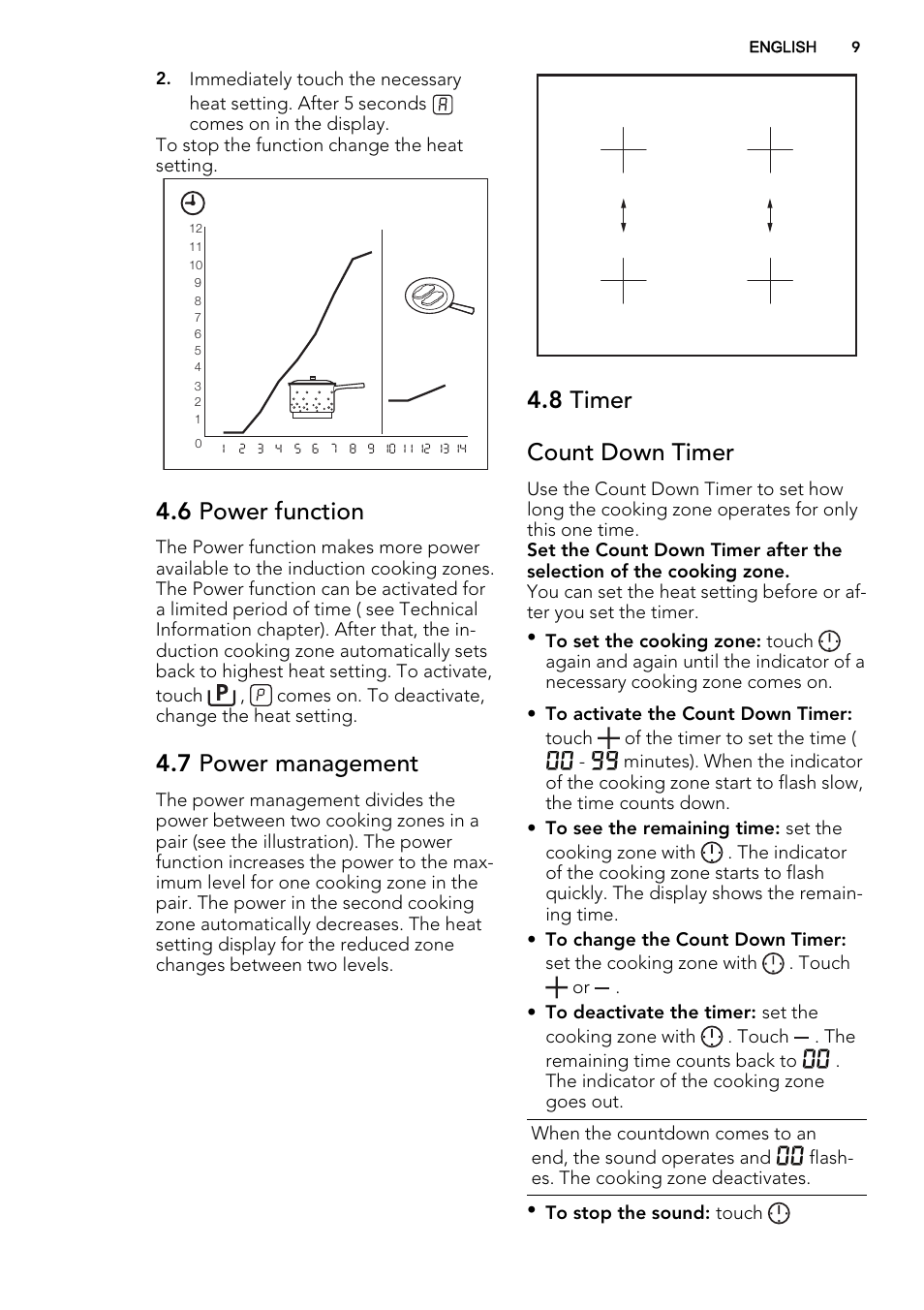 6 power function, 7 power management, 8 timer count down timer | AEG HK654400FB User Manual | Page 9 / 24