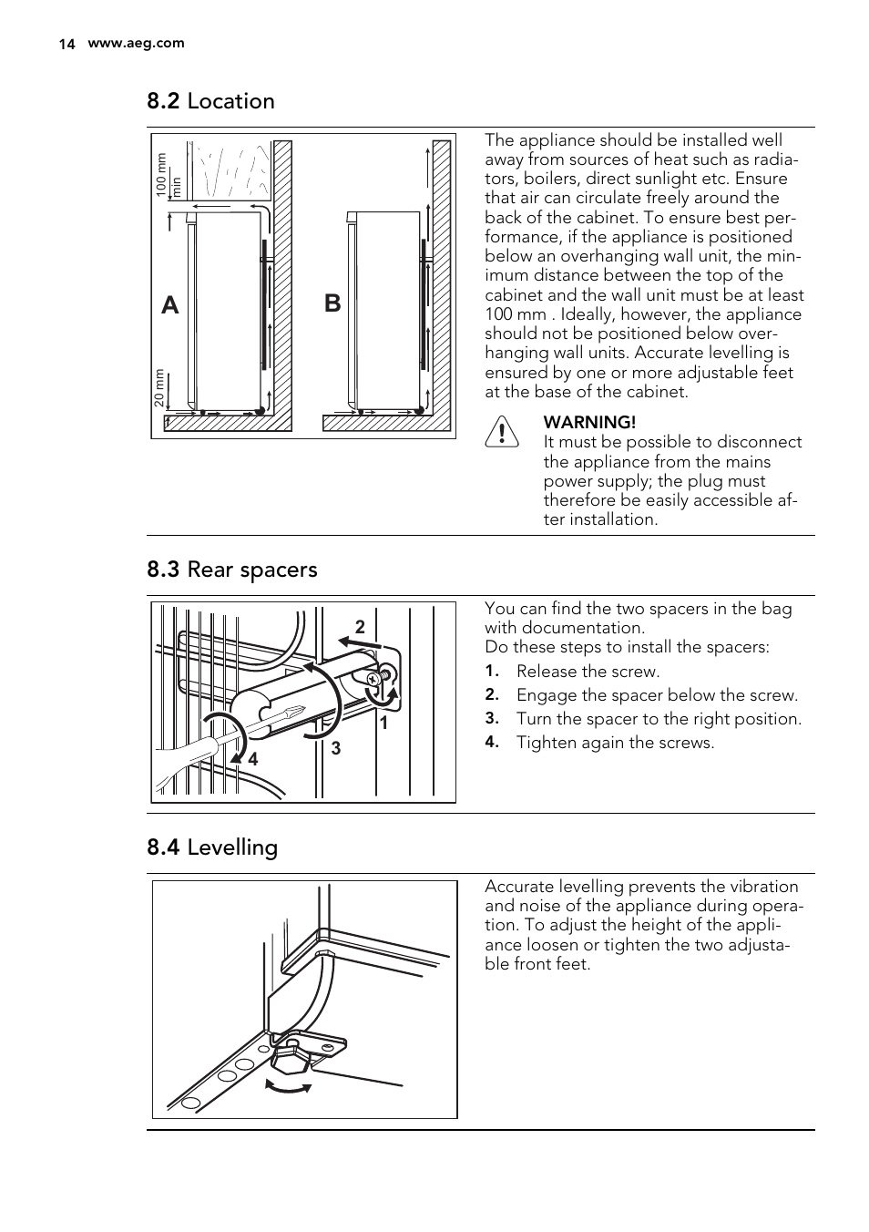 2 location, 3 rear spacers, 4 levelling | AEG A72010GNW0 User Manual | Page 14 / 20