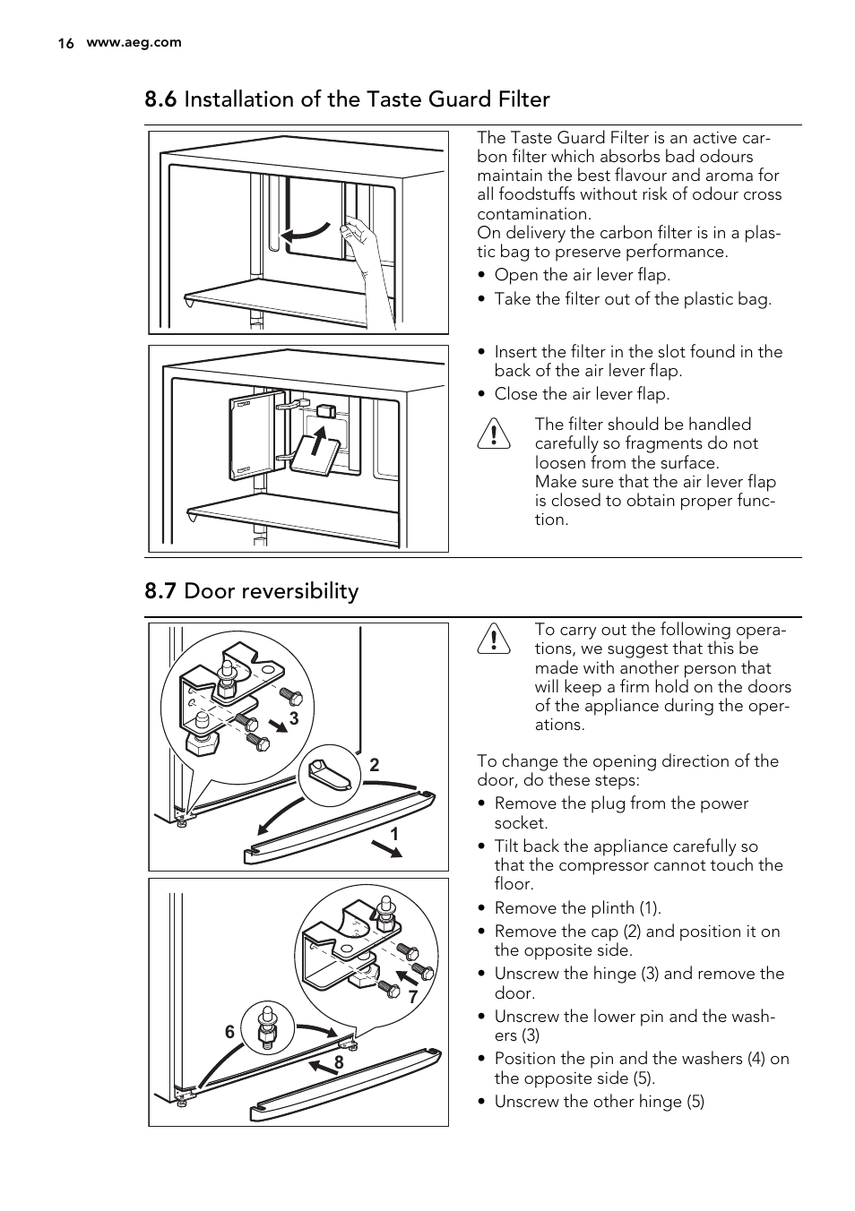 6 installation of the taste guard filter, 7 door reversibility | AEG A72010GNW0 User Manual | Page 16 / 20