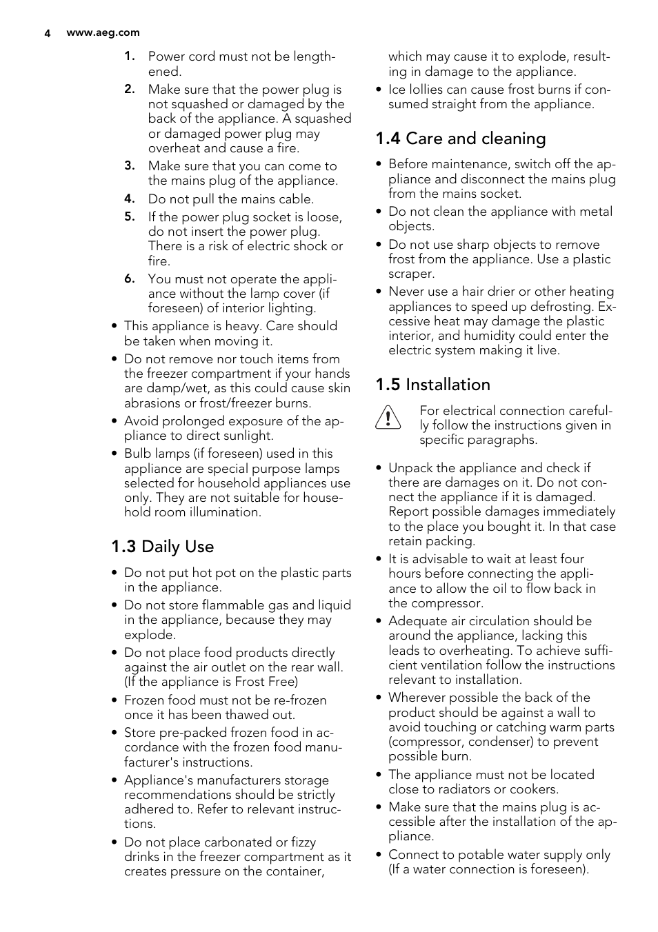 3 daily use, 4 care and cleaning, 5 installation | AEG A72010GNW0 User Manual | Page 4 / 20
