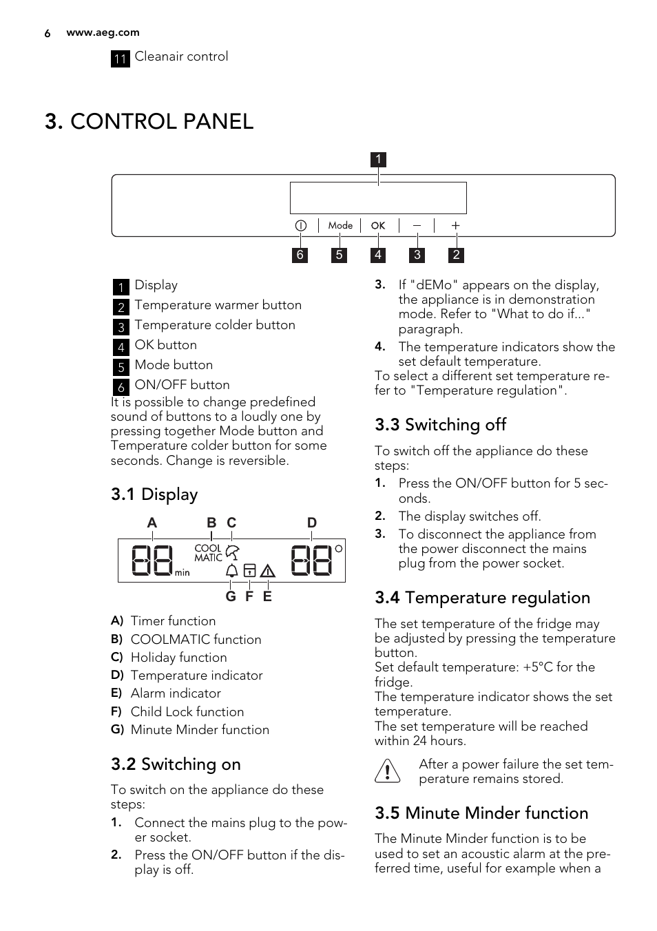Control panel, 1 display, 2 switching on | 3 switching off, 4 temperature regulation, 5 minute minder function | AEG A72010GNW0 User Manual | Page 6 / 20